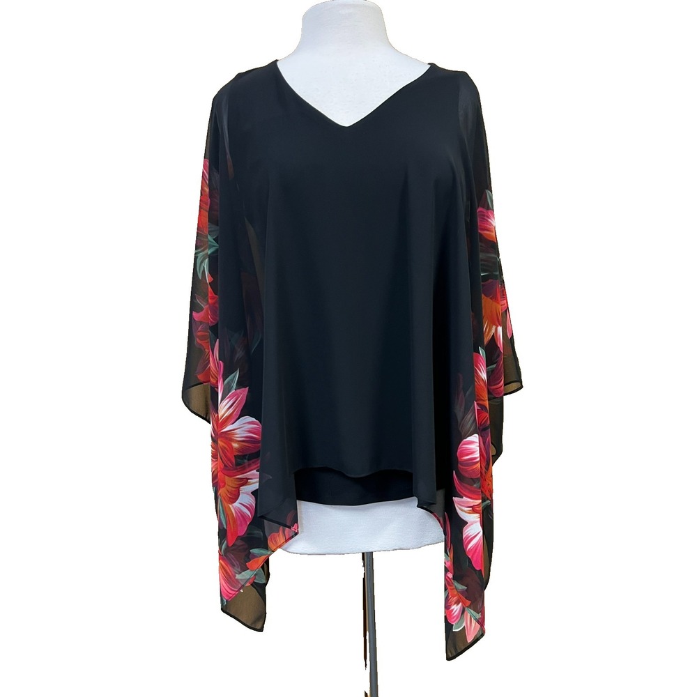 Joseph Ribkoff Dressy Tank Top W/ Sheer Poncho Overlay Black Red Floral SZ 10